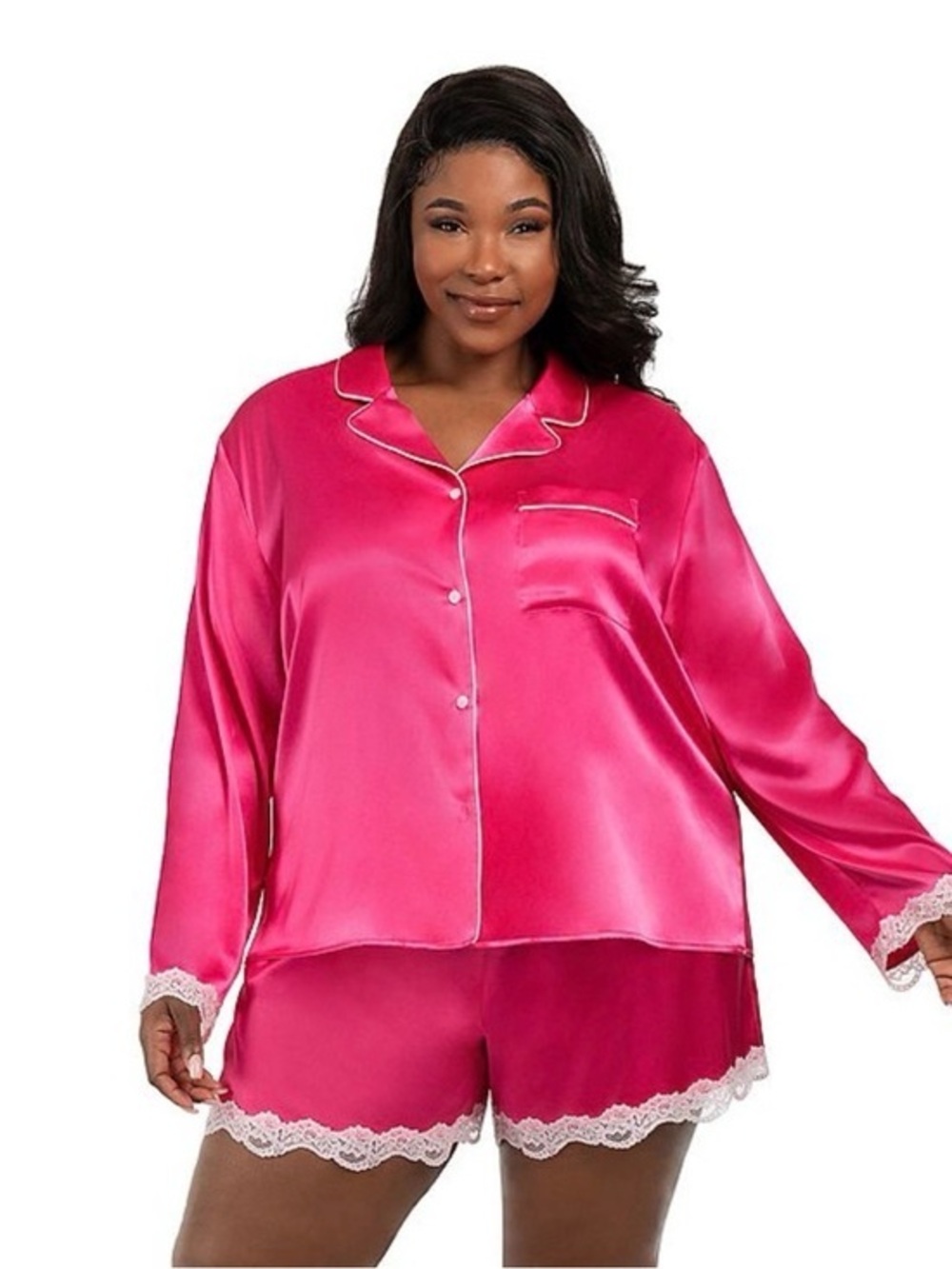 2 piece long sleeve Lilac + London XXL Pajama Set - Hot Pink Lace Trim